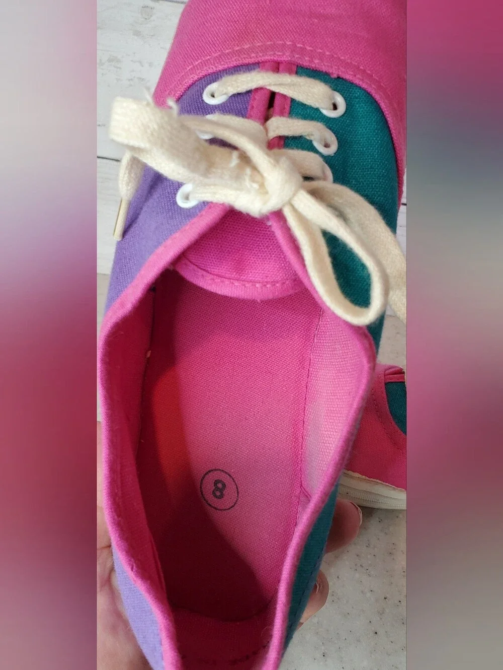 Vintage 90s Womens Size 8 Colorblock Canvas Sneakers Pink Purple Teal Lace Up